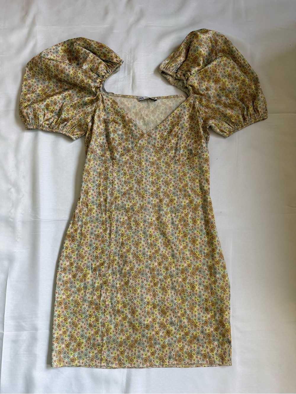 Zara Yellow Floral Puff-Sleeve Mini Dress